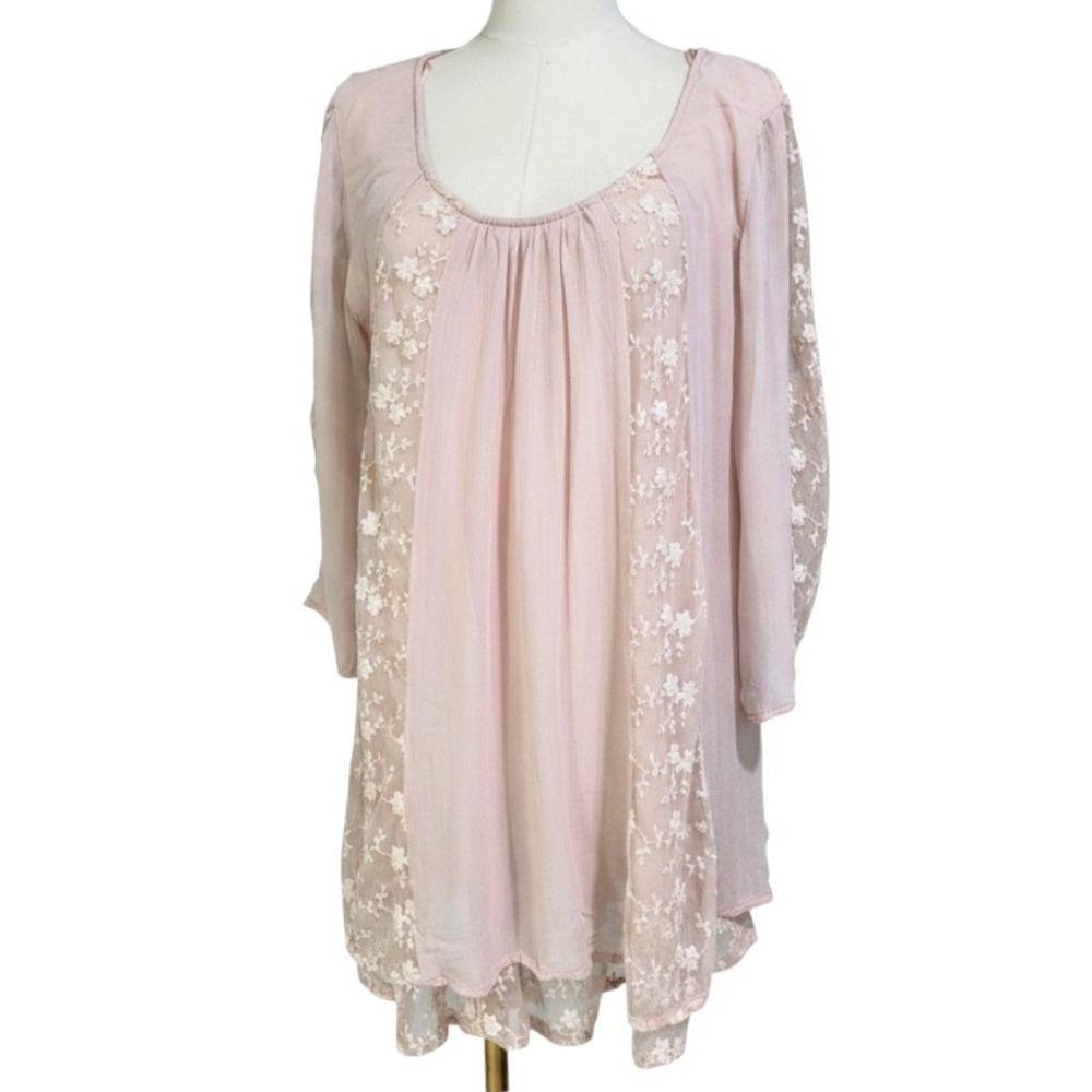 Sweet Magnolia Babydoll Tunic Dress Womens Medium Pink Excellent Lace Boho Tunic